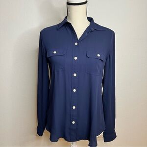 Ann Taylor Loft Roll Tab Sleeve Button Down Blouse. Pockets X-Small Navy Blue